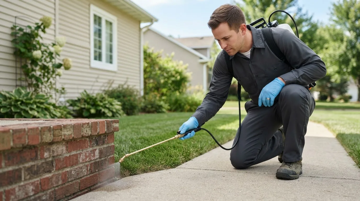 Pest control technician treating a home near Etna, OH