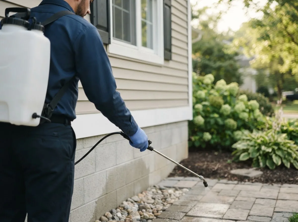 Pest control technician inspecting a home in Etna, OH
